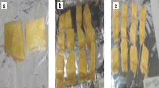 Digital images of uncoated and coated samples on day 0 of the assay. a) uncoated sample, b) coated sample with sodium alginate and c) coated sample with sodium alginate and ascorbic acid.