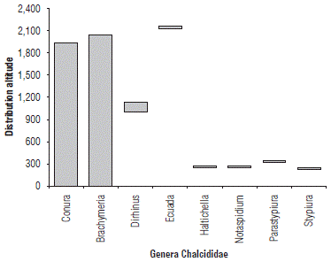 Elevation ranges (distribution altitude, m a.s.l.) of genera Chalcididae from Colombia represented in the CTC of UNAB.