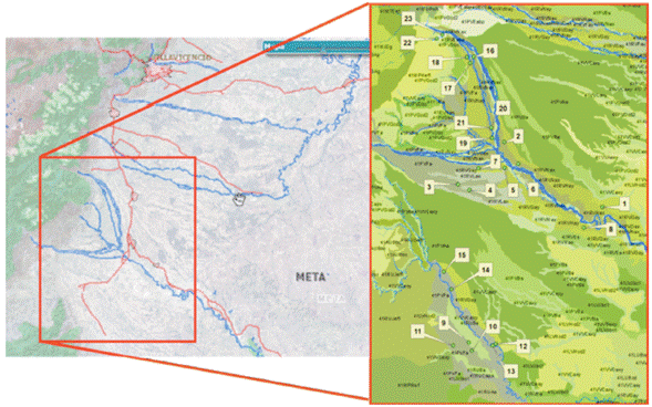 Spatial distribution of cacao farms sampled in the municipality of Granada, Meta, Colombia.