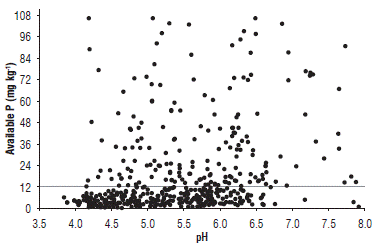 Dispersion of available P contents in the pH range of soils under representative cacao productive areas cultivated by small-scale farmers in Colombia from 2011 to 2013.