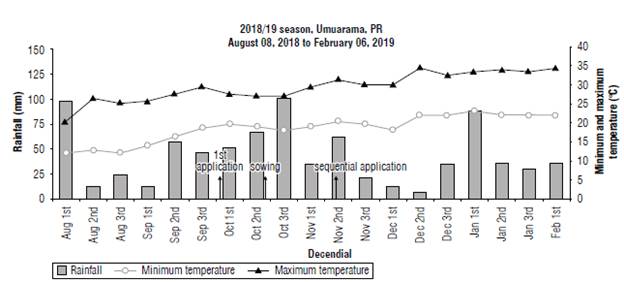 Representation of rainfall and minimum and maximum temperature for the study site. 2018/19 season, Umuarama, PR, Brazil.