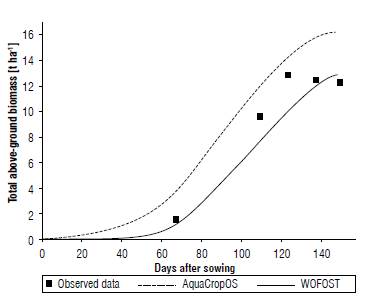 Total above-ground biomass simulated by the AquaCropOS and WOFOST models and observed total above-ground biomass.
