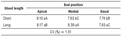 Number of floral primordia of blueberry cv. Bluegem as a function of the shoot length and bud position.