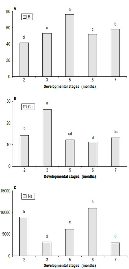 A) B, B) Cu, and C) Na contents (mg kg1) at different stages (months) of the calendula plant (leaves + stems + flowers + seeds). Means with the same letter do not differ significantly according to the Duncan test (P<0.05).
