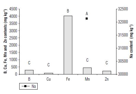 Concentration of essential (B, Cu, Fe, Mn and Zn) and beneficial (Na) nutrients in the calendula plant (leaves + stems + flowers + seeds) at different developmental stages (month 2 + 3 + 5 + 6 + 7). Means with the same letter do not differ significantly according to the Duncan test (P<0.05).