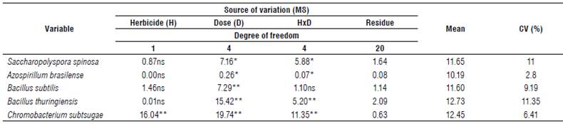 Analysis of variance of the diameter of the bacterial growth inhibition halo of the growth of bacteria under the influence of the application of glyphosate and atrazine.