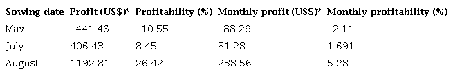Results of the accumulated profit and profitability in three sowing dates under two mineral nutrition treatments.