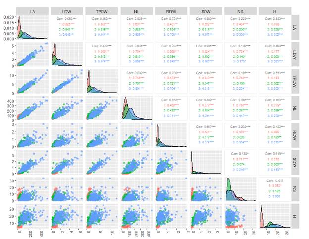 Dispersion, distribution, and Pearson correlation by pairs for the variables leaf area (LA), leaf dry weight (LDW), total plant dry weight (TPDW), number of leaves (NL), root dry weight (RDW), stem dry weight (SDW), number of shoots (NS), and height (H) of young plants of Andean blueberry (Vaccinium meridionale Swartz). Group 1: young plants 10 months old (red) propagated by cuttings. Group 2: young plants 14 to 18 months old (blue) and group 3: young plants 22 to 26 months old (green) propagated in vitro and the consolidation of these groups (black). n=436.