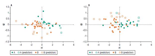 Classification with two groups (MI2) by maturation stage (A group=16 fruits and B group=22 fruits) and the classification of new fruits used to evaluate the prediction model (A group=3 fruits and B group=9 fruits). A) Observations on axes one and two; B) Observations on axes one and three.