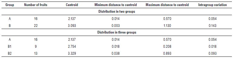 Results of the cluster analysis performed for the groupings of lulo fruits in two or three groups by maturity index (MI).