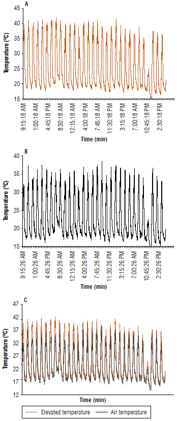 Variation of the temperature in treatments studied in the experiment. A) elevated temperature; B) air temperature; C) comparison between air temperature and elevated air temperature.