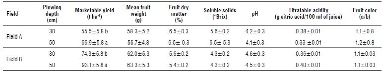 Mean values of quanti-qualitative traits of processing tomato fruit for 30 and 50 cm plowing depth treatments in both fields A and B.