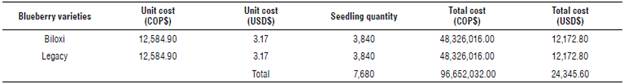 Costs of plants (seedlings) for 1 ha (7,680 plants) blueberry plantation establishment.