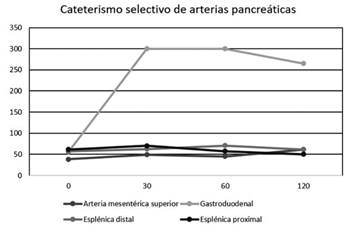 Cateterismo de arterias pancreáticas de un paciente del estudio. Se evidencia el aumento de la insulina en la arteria gastroduodenal tras el estímulo con el calcio venoso.