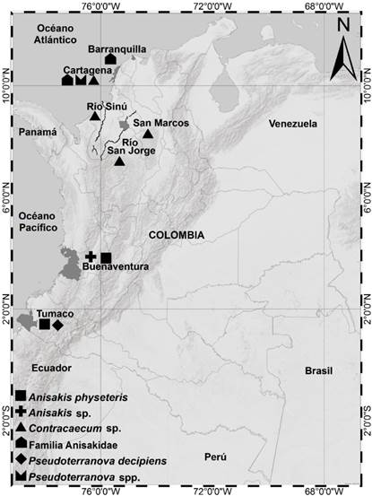 Distribución de nematodos anisákidos reportados en Colombia como hospederos intermediarios de peces para el consumo humano. 