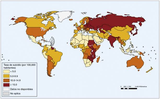 Mapa mundial de la tasa de suicidio por cada 100,000 habitantes (OMS, 2013)