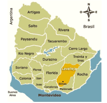 Mapa con la localización
del Departamento de Lavalleja y la Ciudad de Minas