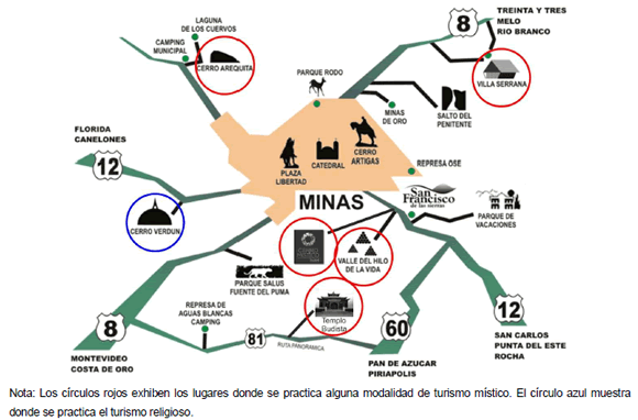 Cartografía actual de los
atractivos turísticos en el Departamento de Lavalleja donde se desarrolla la
práctica del turismo místico y el turismo religioso