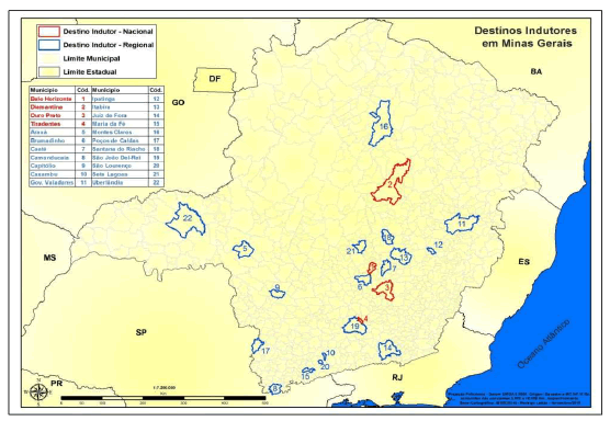 Mapa de localizaci�n geogr�fica de los destinos inductores en MG