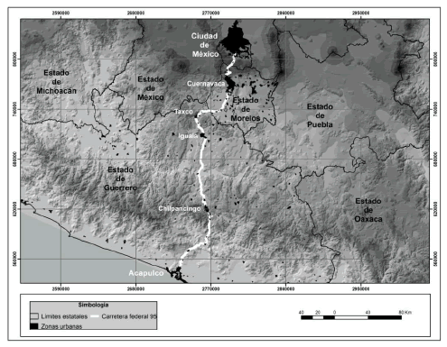 Localización de la Carretera Ciudad de México-Acapulco, Guerrero