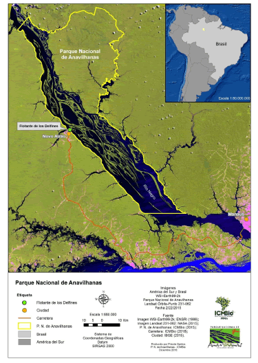 Mapa del Baixo Rio Negro, identificando la ciudad de Novo Air&atilde;o, el &aacute;rea del Parque Nacional de Anavilhanas y la localizaci&oacute;n del Flotante de los Delfines