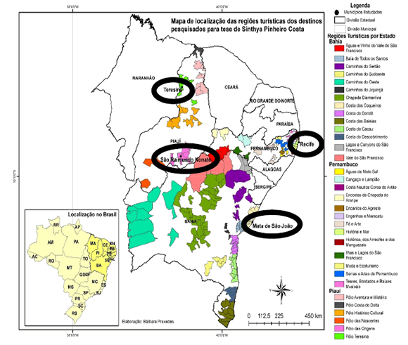 Localización de las regiones turísticas de los destinos investigados destacando los municipios
