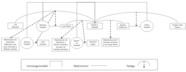 Consanguineidad y rol como testigo matrimonial de Ramón J. Tripailaf. Fuente: elaboración propia con base en las actas matrimoniales.