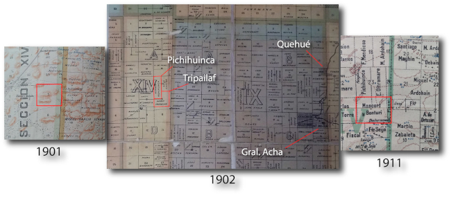 Ubicación de la donación de tierras a Tripailaf y Pichihuinca, 1901-1911. Fuente: elaboración propia con base en Atlas del Plano Catastral de la República Argentina, 1901, ASP; Registro gráfico de propiedades rurales del Territorio de La Pampa Central y parte de las provincias limítrofes, 1902, AHPLP; Mapa Catastral Oro-Hidrográfico del Territorio de La Pampa, 1911, ASP.