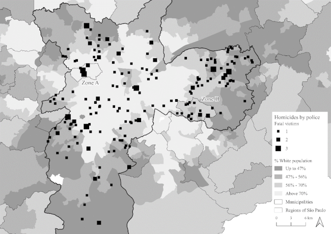 Localiza&ccedil;&atilde;o do universo de homic&iacute;dios cometidos por policiais envolvendo ve&iacute;culos ilegais; destaque para zonas de mais alta incid&ecirc;ncia de furtos de ve&iacute;culos (Zona A) e de mais alta incid&ecirc;ncia de roubos de ve&iacute;culos (Zona B) [Munic&iacute;pio de S&atilde;o Paulo, 2012]