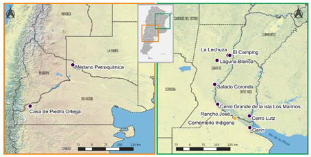 Ubicaci&oacute;n de los sitios arqueol&oacute;gicos de los cuales provienen las muestras utilizadas en el an&aacute;lisis comparativo de ADNa. En el recuadro de la derecha se indican: el sitio Cementerio Ind&iacute;gena de Baradero y los que corresponden a los sectores del r&iacute;o Paran&aacute; medio e inferior. En el recuadro de la izquierda se indican los sitios que corresponden al centro-oeste.