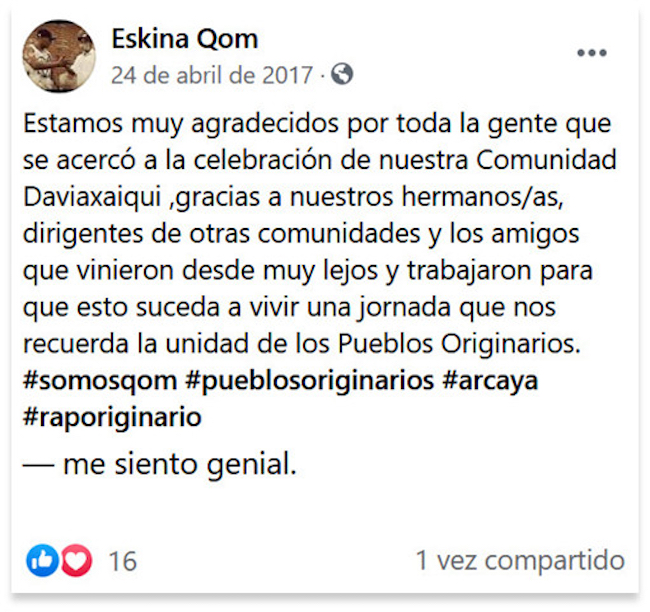 Posteo de Facebook del 24 de abril de 2017