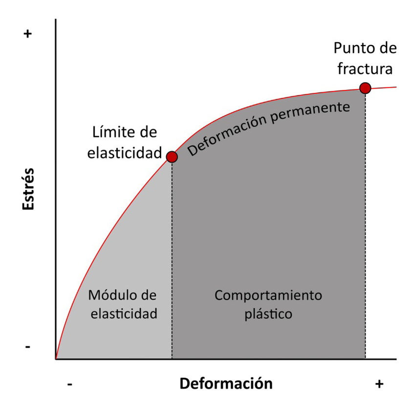 Curva de estrés-deformación ósea (tomado y modificado de Pearson y Lieberman, 2004).