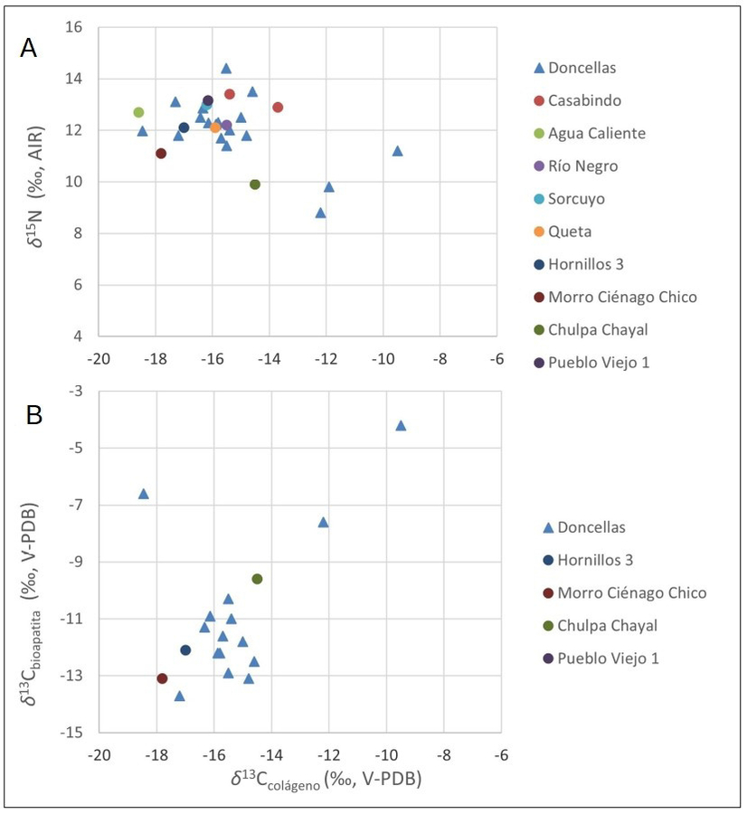 A: Valores de δ13 C medidos en colágeno y δ15 N pertenecientes a individuos humanos hallados en sitios arqueológicos de la puna de Jujuy. B: Valores de δ13 C medidos en bioapatita y colágeno.