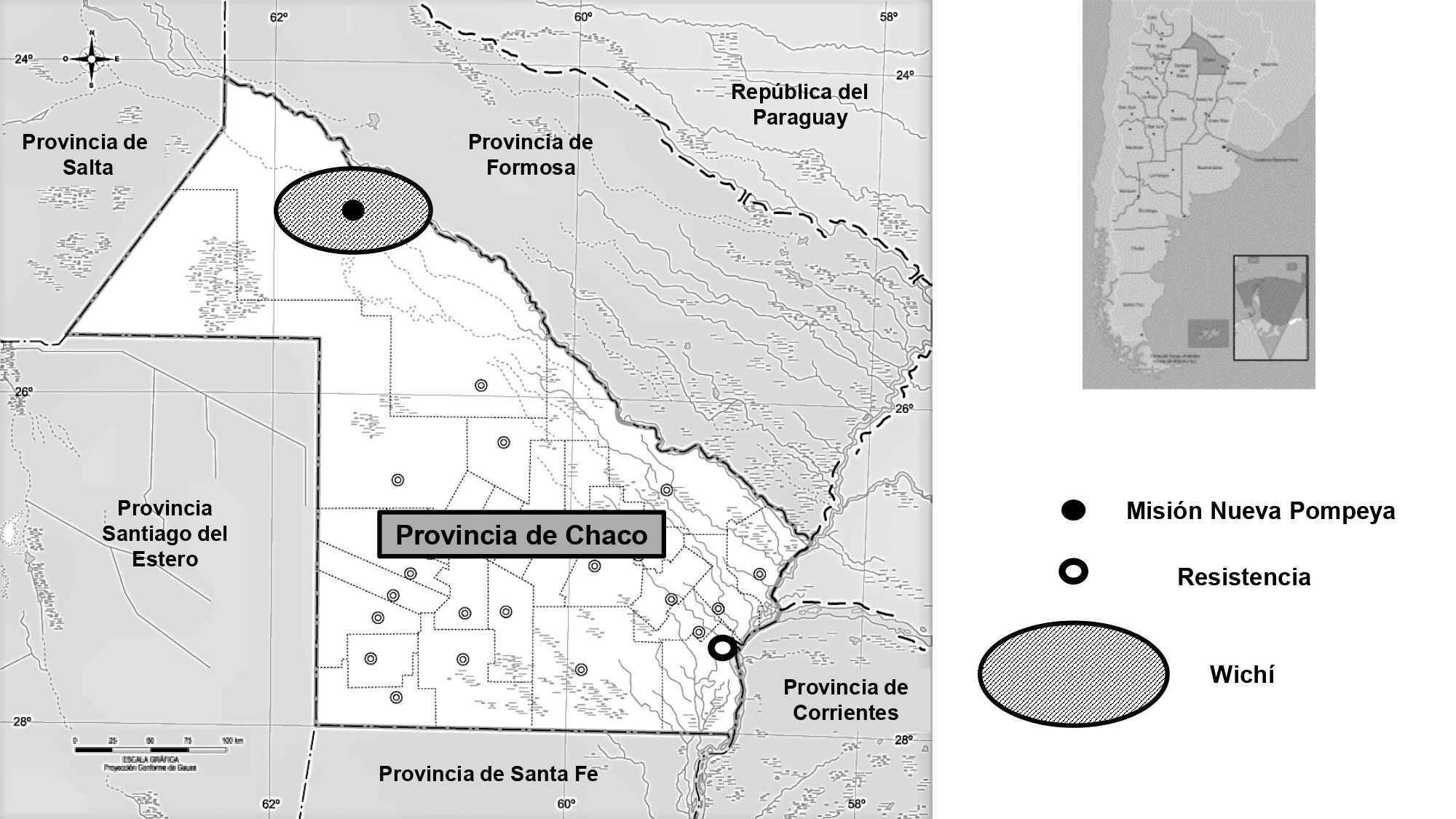 Ubicación geográfica de la población de Misión Nueva Pompeya y de las dos poblaciones consideradas para su comparación en este estudio.