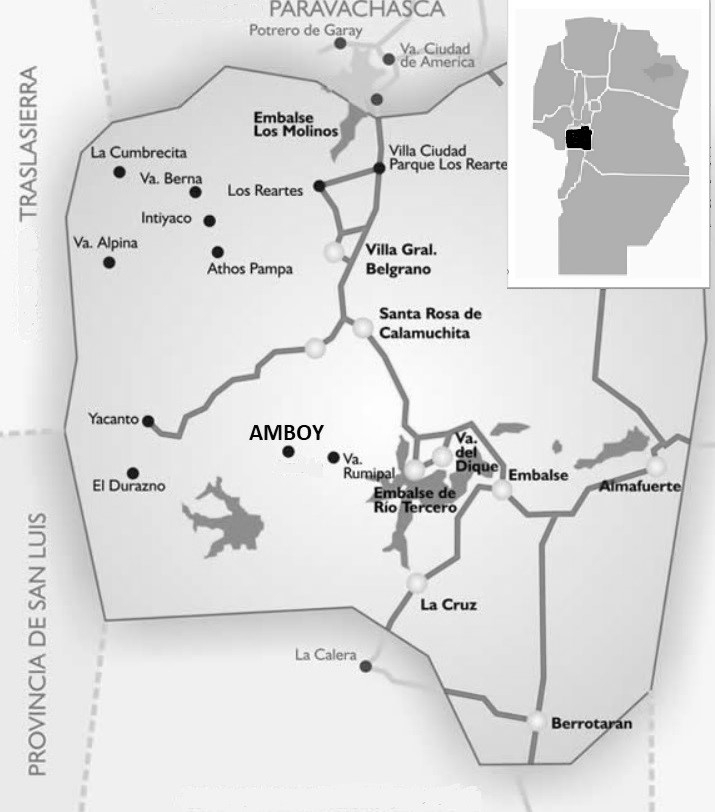 Mapa del departamento Calamuchita, provincia de Córdoba, Argentina.