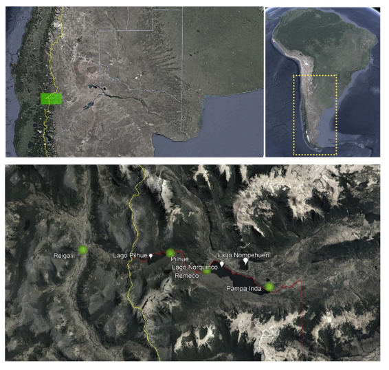 Localidades mencionadas por Giai en su recorrido (ubicaci&oacute;n aproximada). Se detallan lagos de referencia, el l&iacute;mite del actual Parque Nacional Lanin y frontera actual argentino-chilena.