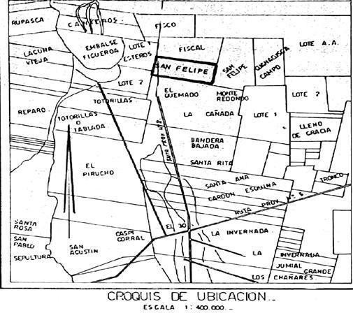 Croquis de ubicaci�n del terreno de San Felipe donde se construye la capilla. Solicitud de prescripci�n adquisitiva Obispado de A�atuya, 1999.