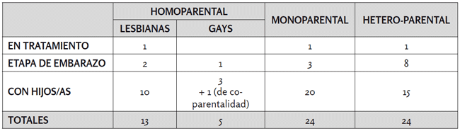 Familias entrevistadas seg&uacute;n modelo familiar y fase de desarrollo de su proyecto de maternidad/paternidad