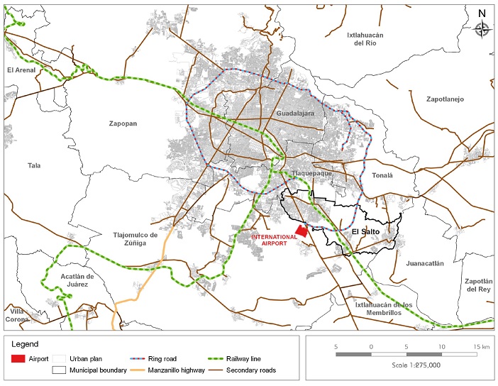 Vías de transporte alrededor de El Salto.