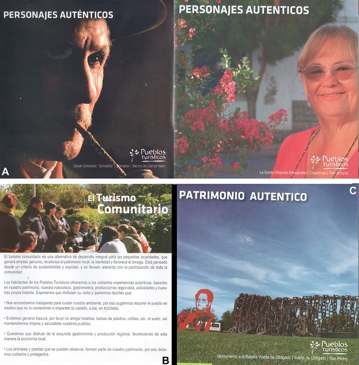 A. Im&aacute;genes fotogr&aacute;ficas que responden a retratos de personajes &ldquo;aut&eacute;nticos&rdquo;. B. Secci&oacute;n Turismo comunitario. C. Secci&oacute;n Patrimonio &ldquo;aut&eacute;ntico&rdquo;.