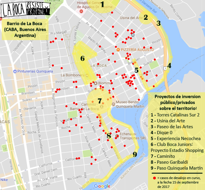 Mapa que vincula los desalojos con los grandes proyectos urbanos en el barrio de La Boca.