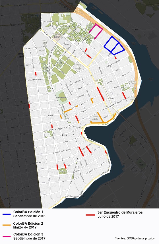 Ubicaci&oacute;n de murales de LBRP y Color BA.