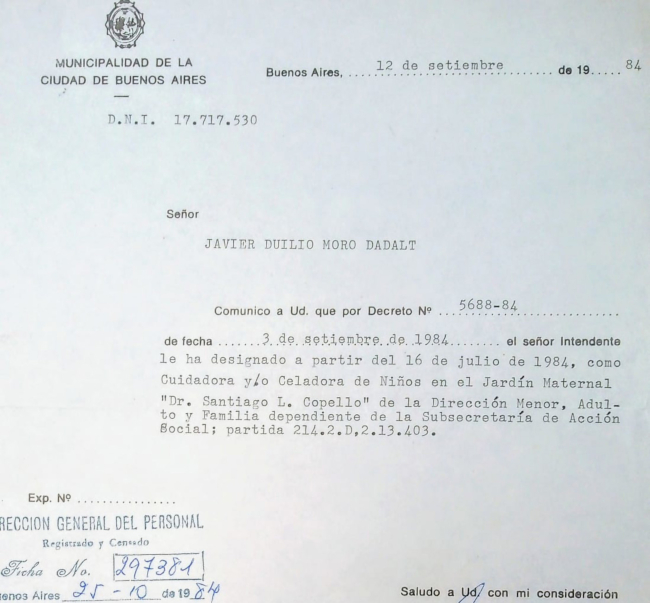 Acta de contrataci&oacute;n de &ldquo;Cuidadora de ni&ntilde;os&rdquo;. Ciudad de Buenos Aires, septiembre de 1984.