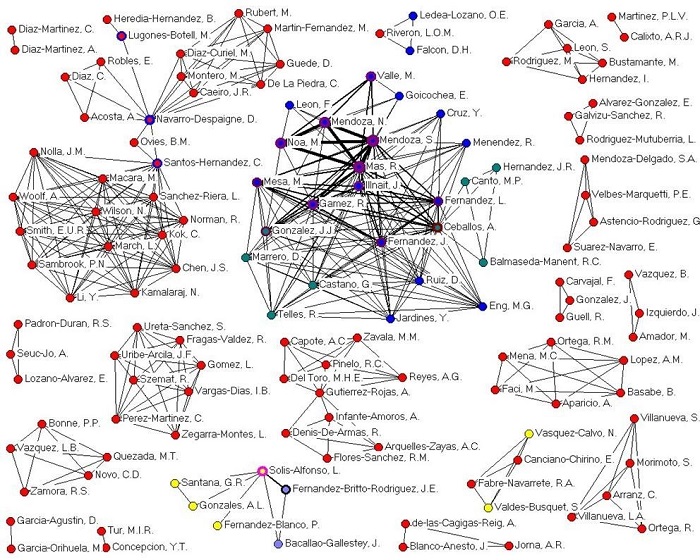 Relaciones de coautoría identificadas en la producción científica cubana sobre Osteoporosis en SCOPUS (1973-2015).