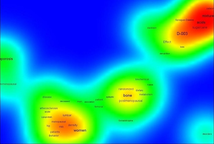 Mapas de relaciones de co-ocurrencia identificadas en la producción científica cubana sobre Osteoporosis (1973-5015). a) Mapa de densidad de la co-ocurrencia de palabras en el título de los trabajos; b) Red de co-ocurrencia de descriptores identificados en los trabajos.