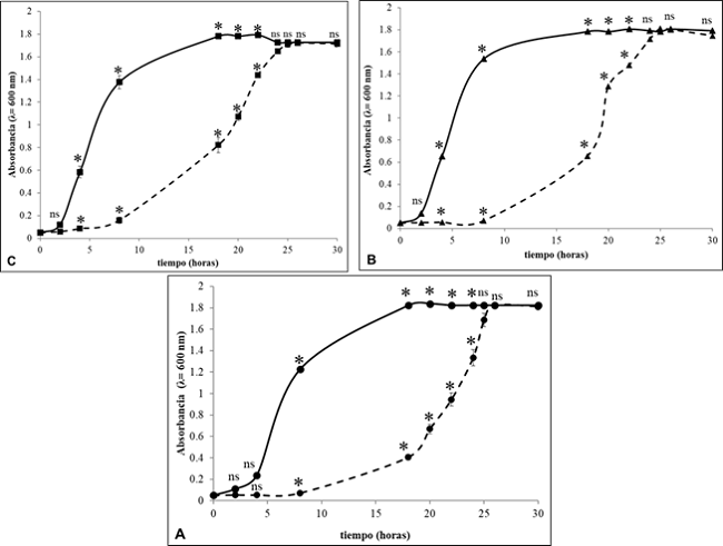 Crecimiento de las cepas en presencia de Ni (II). Las l&iacute;neas cont&iacute;nuas representan los cultivos inducidos y las l&iacute;neas discont&iacute;nuas representan los cultivos no inducidos. (A) S. marcescens YN-2, (B) S.marcescens YN-8, (C) S. marcescens YN-9. Los valores incluidos en cada gr&aacute;fico representan la media &plusmn; DS de tres determinaciones. Se realiz&oacute; una prueba t de Student independiente por grupos para determinar las diferencias entre la absorbancia de cultivos inducidos y no inducidos en los puntos se&ntilde;alados (prueba t de Student, ns: no diferencias significativas; ***p<0,001, n=3).