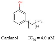 Estructura química de la cardanol y el valor de IC50 descrito para su actividad inhibitoria sobre la AChE (Uliassi y col., 2021).