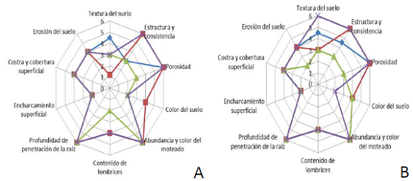 Comportamiento de los indicadores de evaluación visual del suelo en la fincas objeto de estudio en el período poco lluvioso (A) y período lluvioso (B)