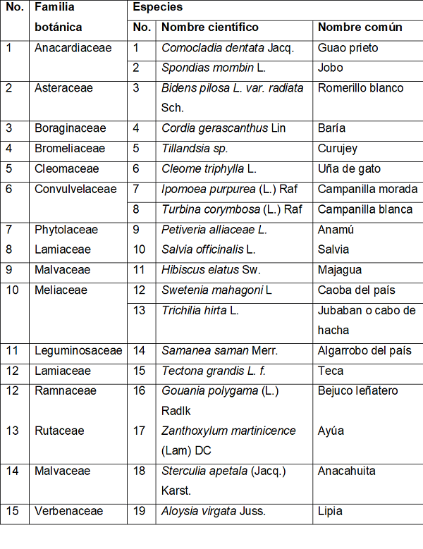 Especies presentes en la finca forestal Charco Mono