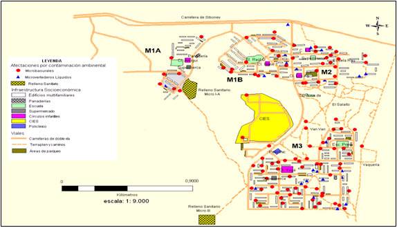 Esquema
de microlocalización de puntos de vertimiento, rutas de transportación y
destino final de los RSU en el centro urbano Abel Santamaría